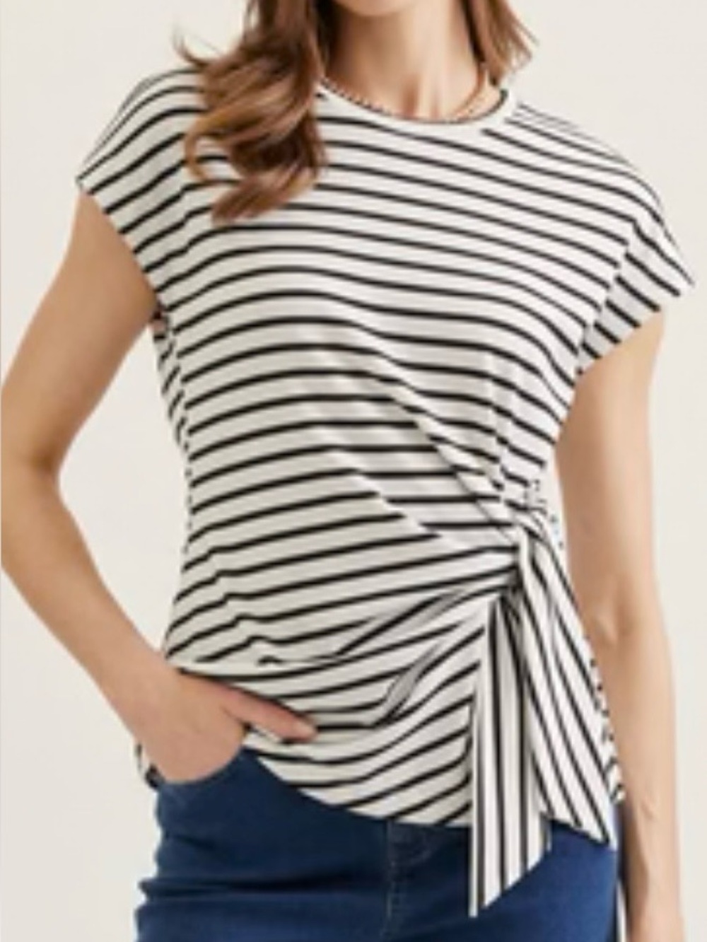 Ann Taylor Weekend Navy & White Striped Tie-Side Top